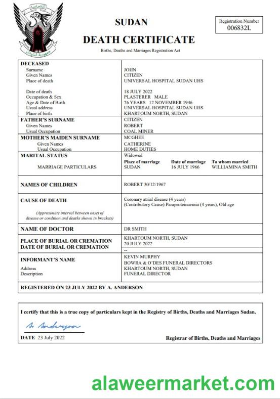 Sudan vital record death certificate Word and PDF template